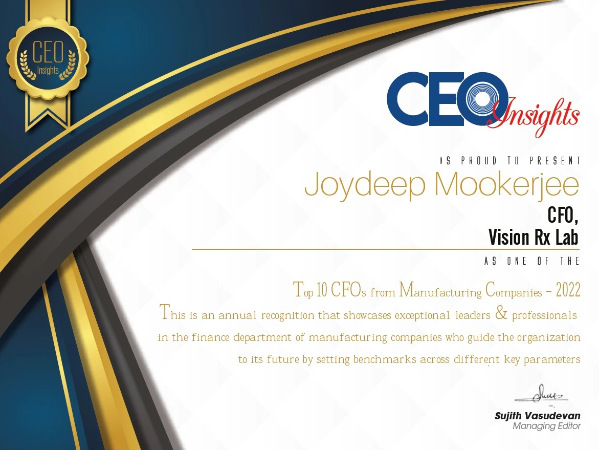 Certificate naming Dr. Joydeep Mookerjee among India's Top 10 CFOs in the manufacturing industry, 2022